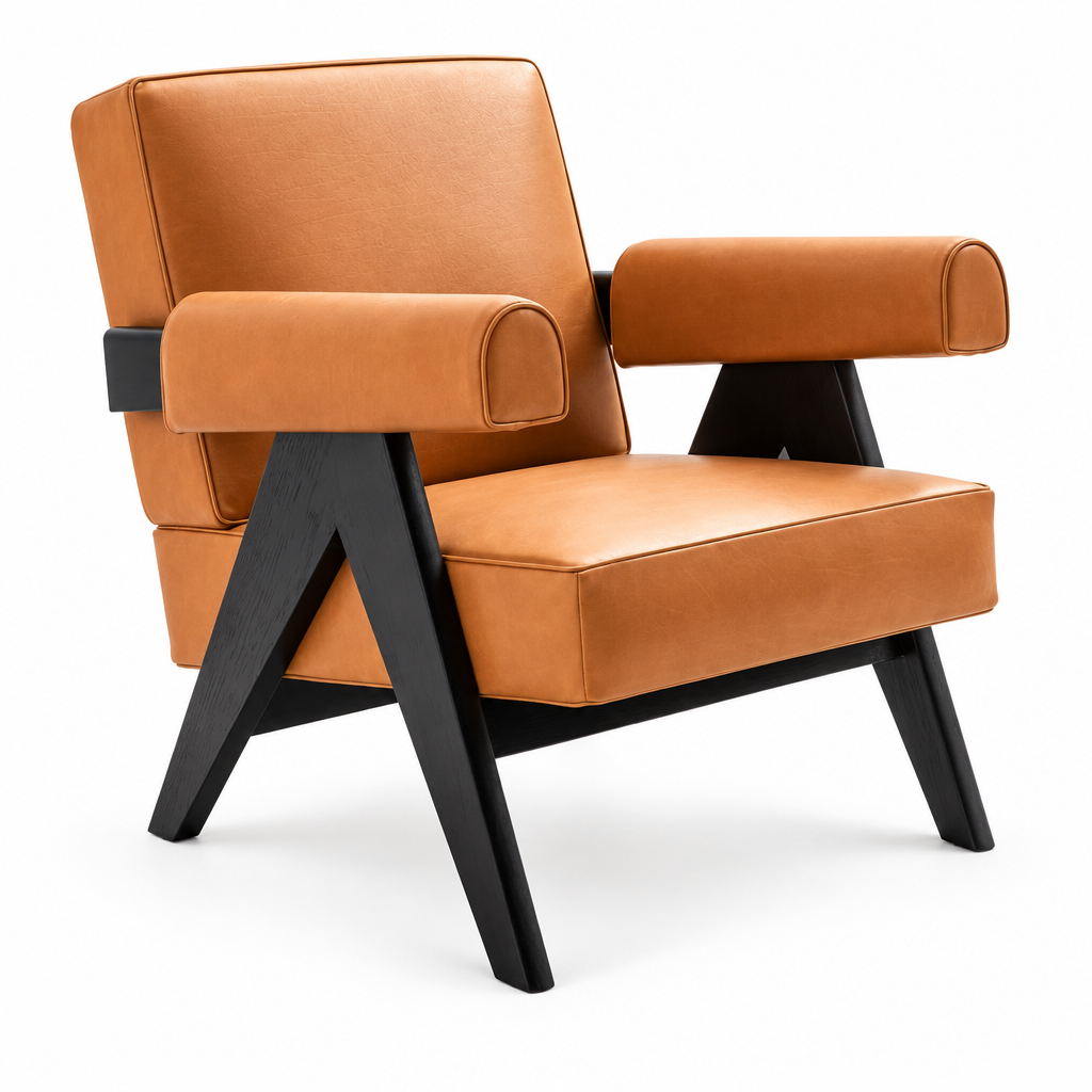 Arden light-brown leather armchair with black wood frame on white background, first angle