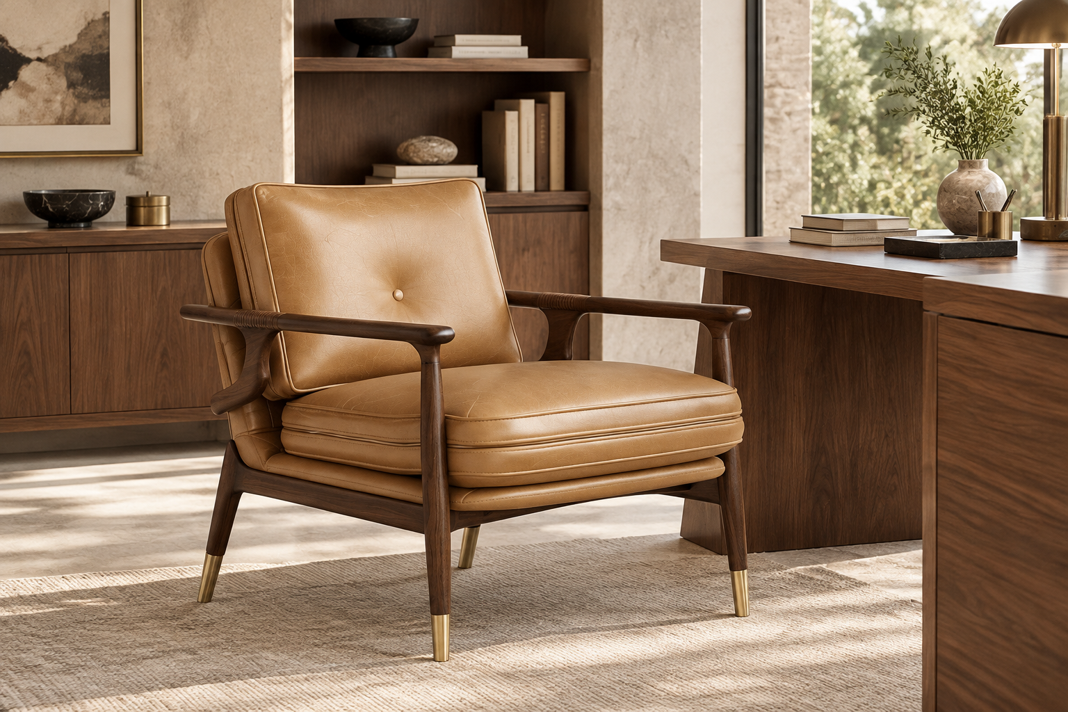 Valley View Arm Chair in a luxury home office with wood desk and warm daylight