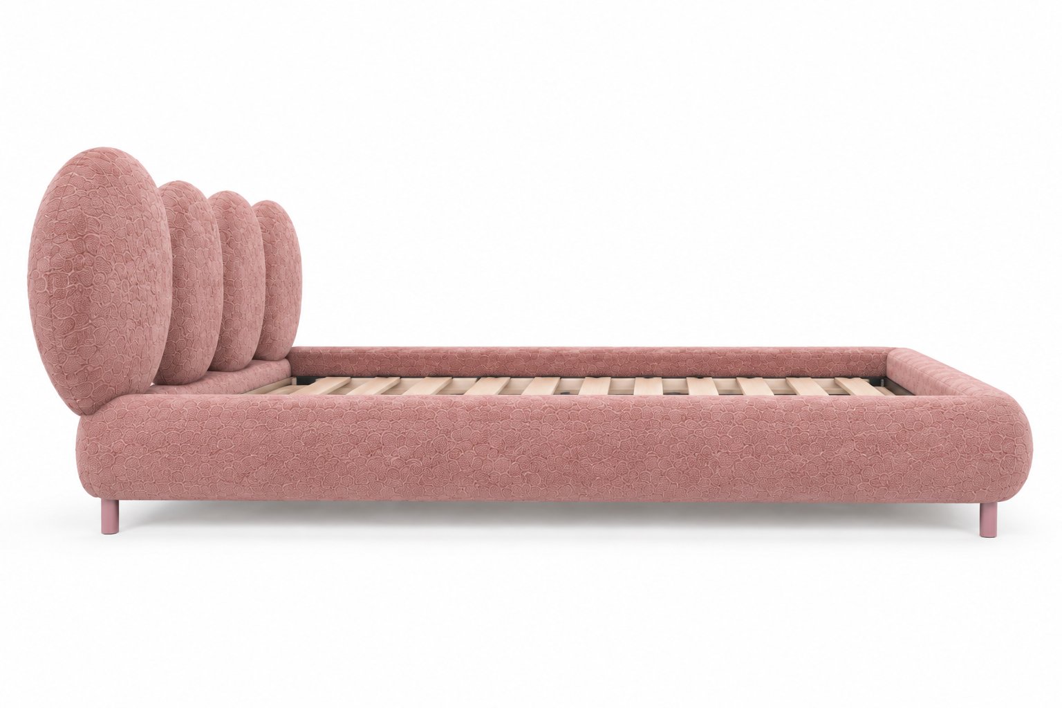 Mira Petal Bed pink upholstered frame side view on white background