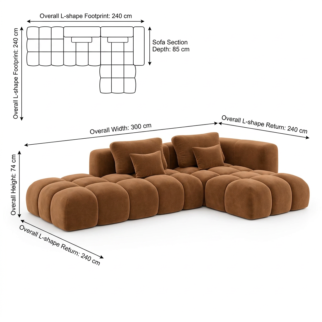 Nube sofa dimensions 300 by 240 cm, section depth 85 cm, height 74 cm