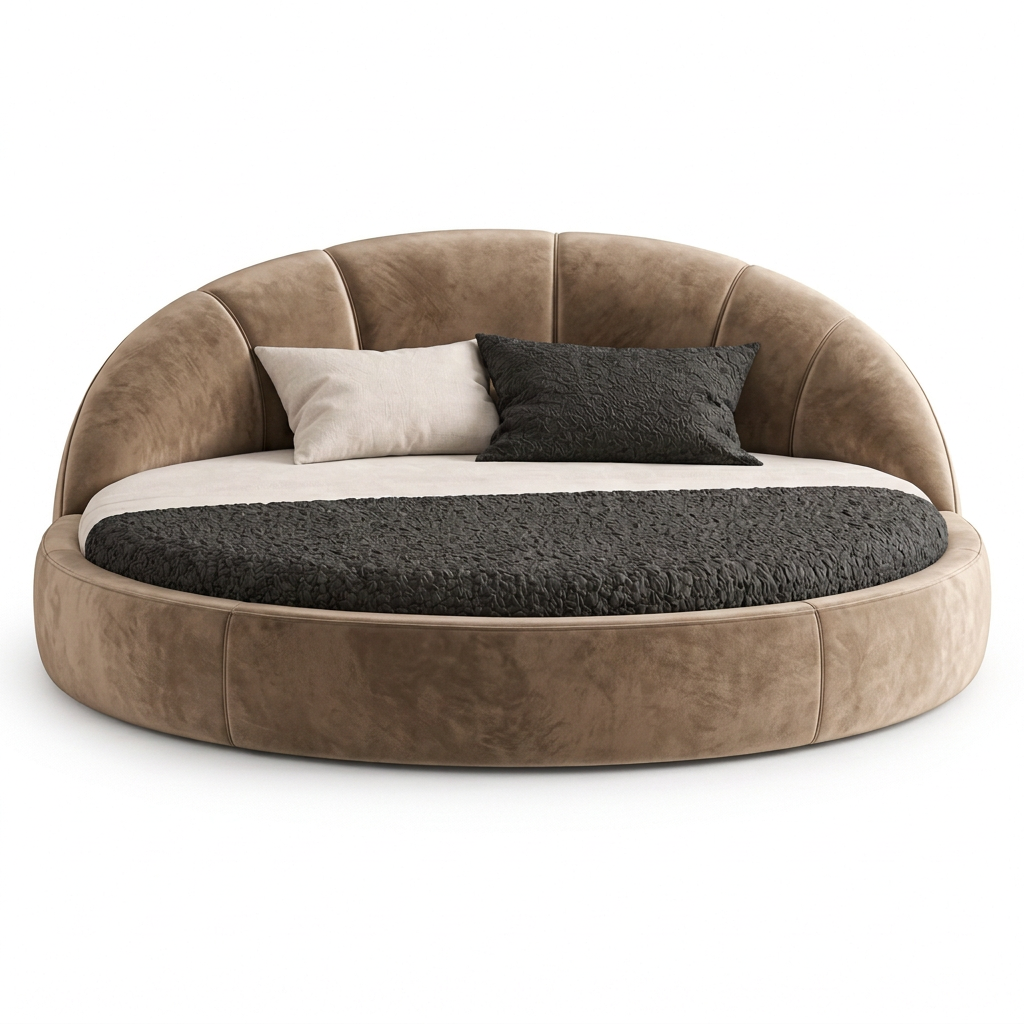 Elara round upholstered bed in light brown velvet, front view
