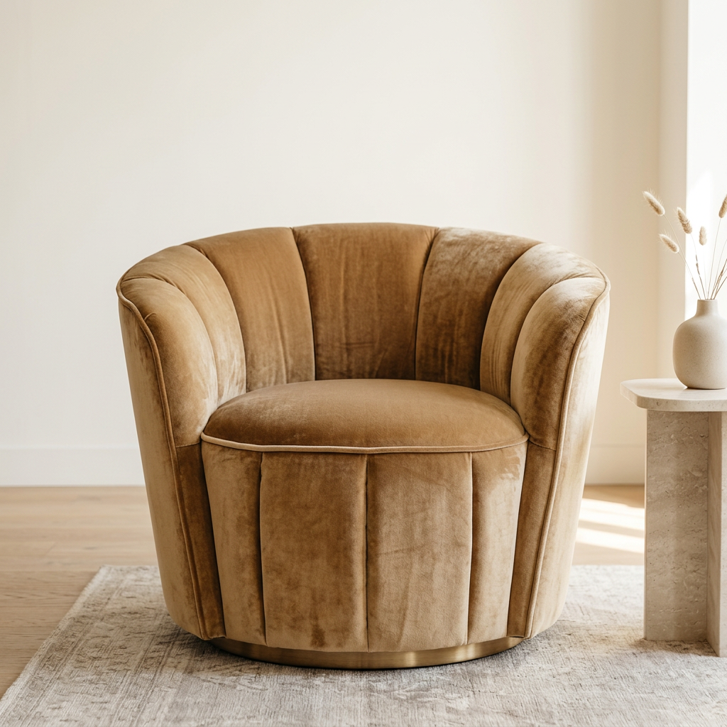 Tavelle mustard fluted barrel armchair front view in a bright living room