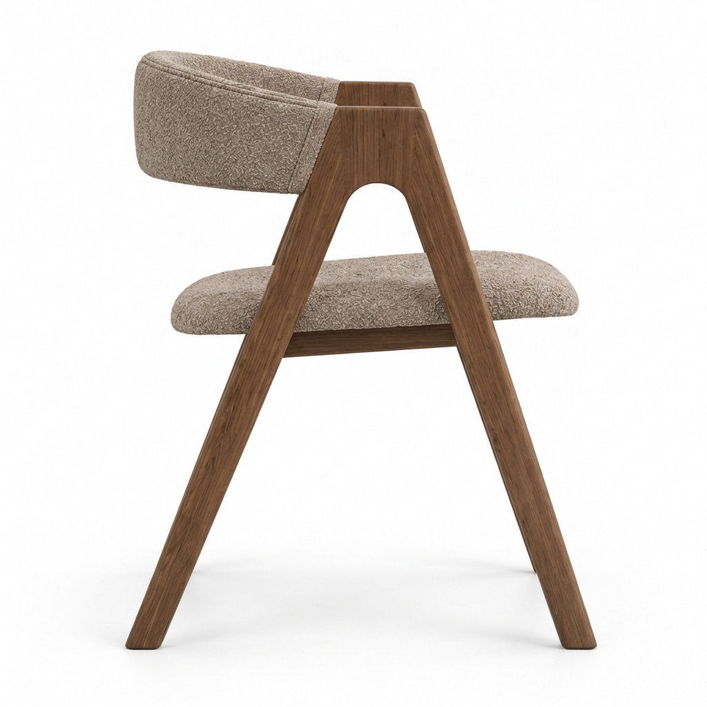 Arvella taupe boucle and walnut dining chair, left view