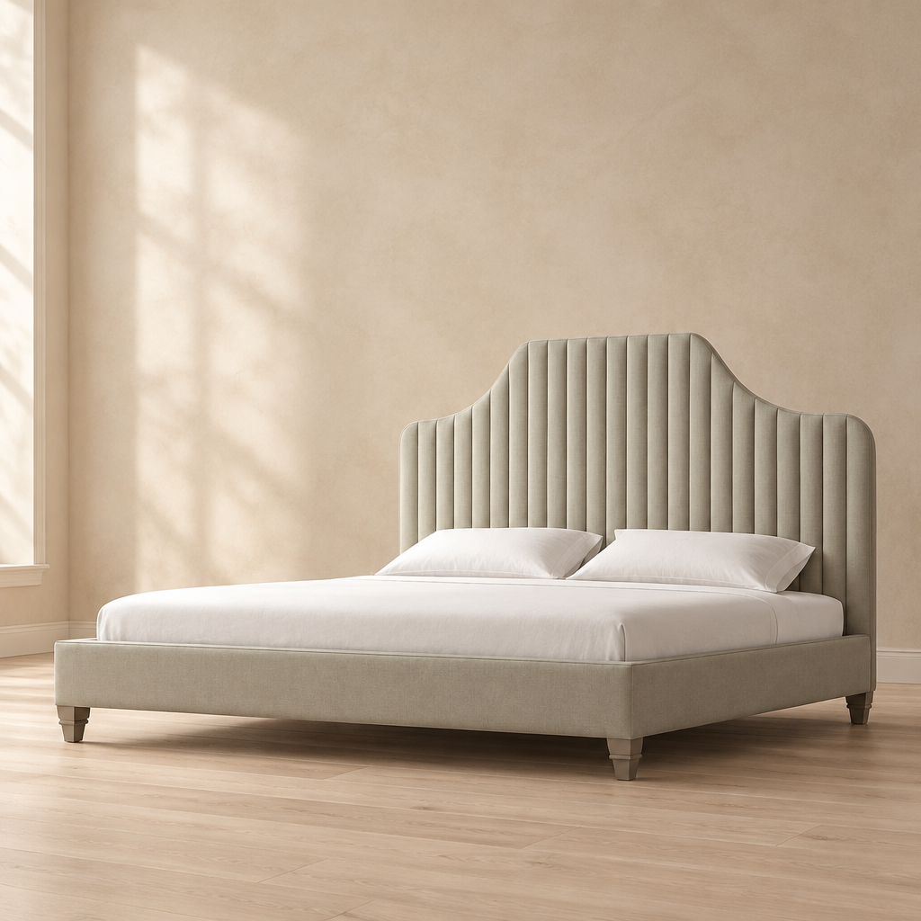 Seren grey upholstered bed in a warm bedroom