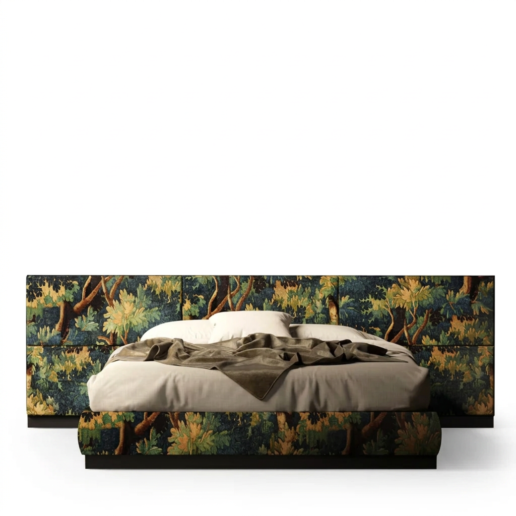 Sylvara botanical upholstered bed, front view on a white background