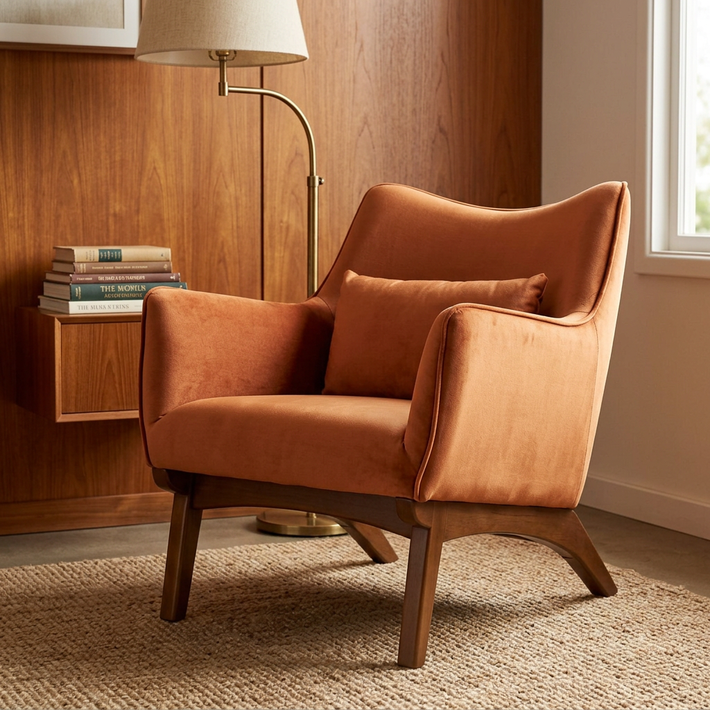 Renelle orange velvet armchair styled in a mid-century reading room