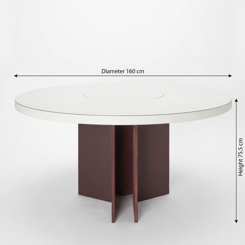 Tavelle round wood dining table in brown and white, front view