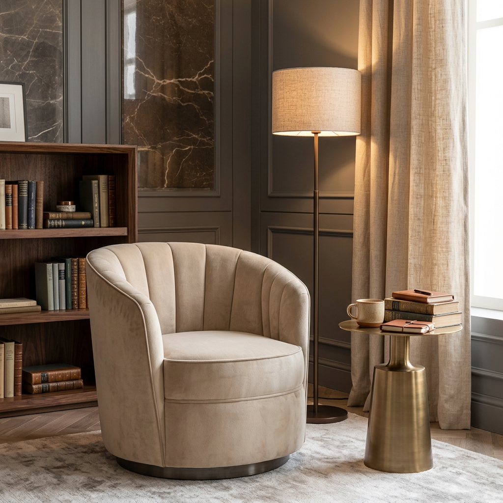 Calenne beige channel-back armchair in a warm reading corner