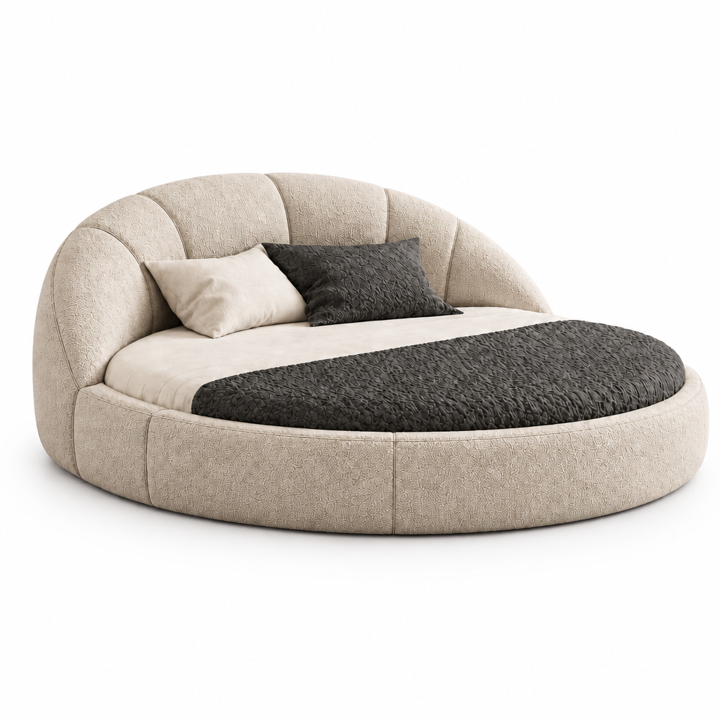 LORVÉ beige bouclé round upholstered bed on white background; mattress not included