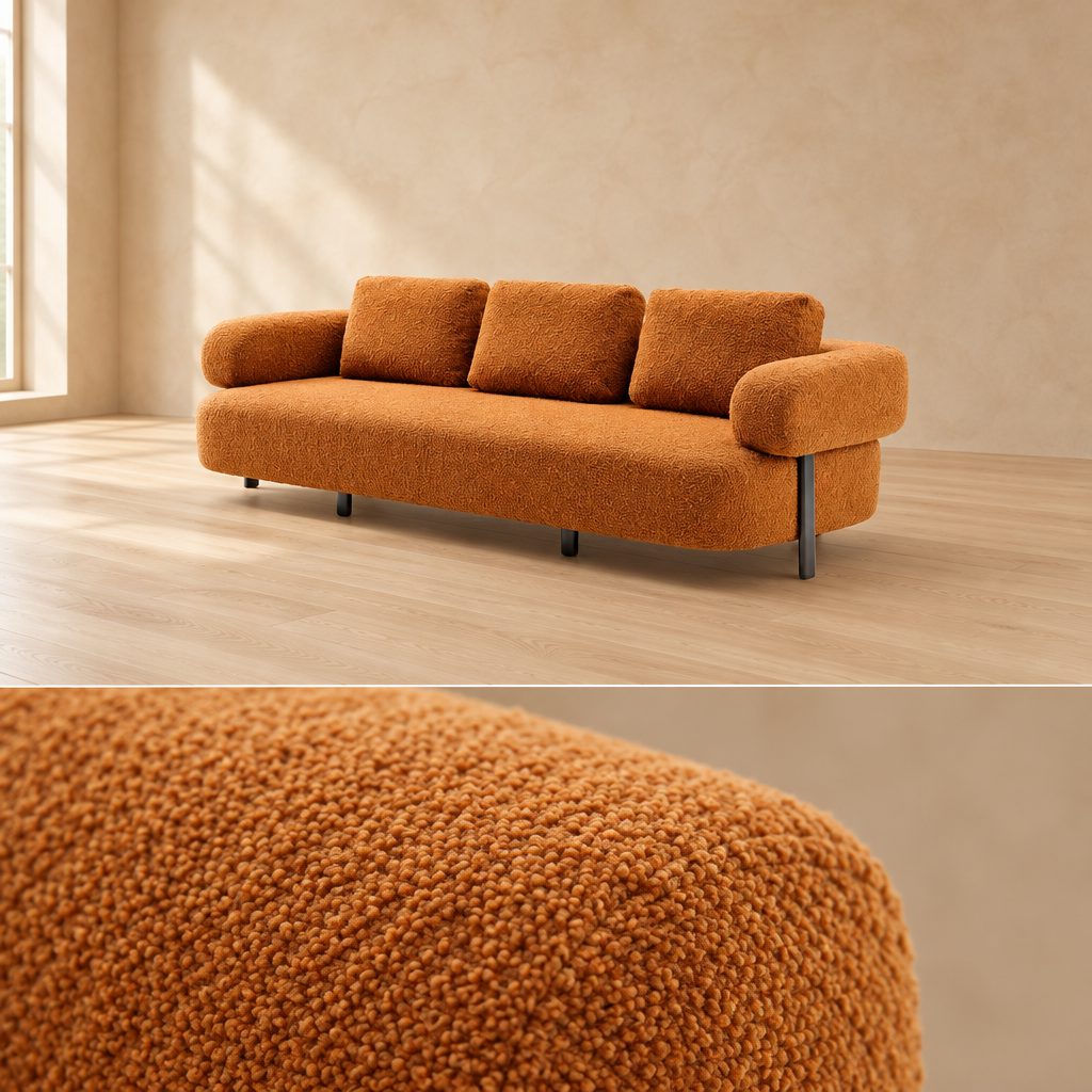 Elara orange fabric sofa angled view