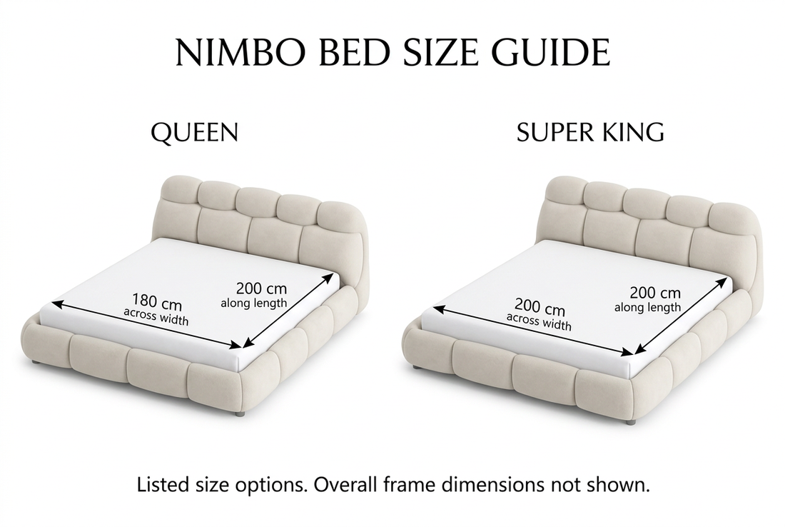 Nimbo size guide with arrows for Queen 180 × 200 cm and Super King 200 × 200 cm listed sizes; overall frame dimensions not shown