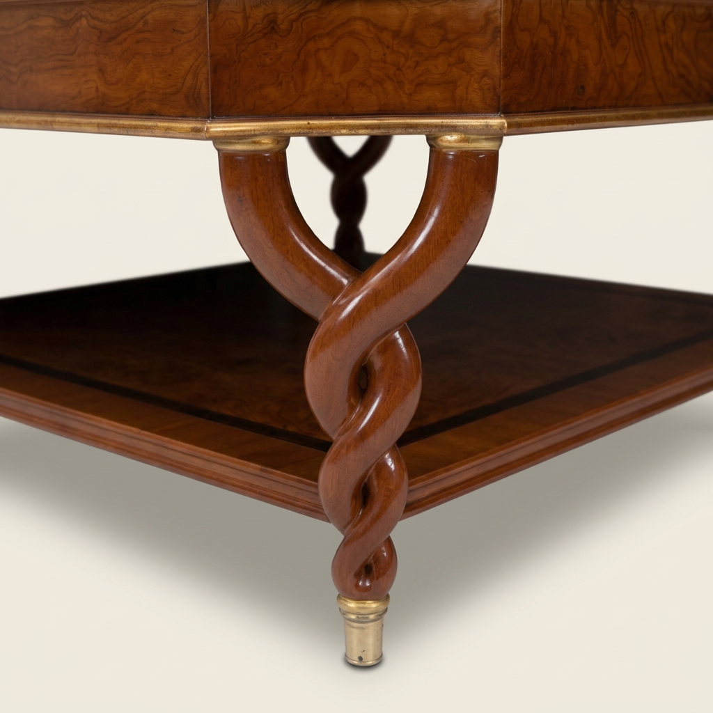 Valcour Burl Coffee Table, twisted leg and brass foot close-up