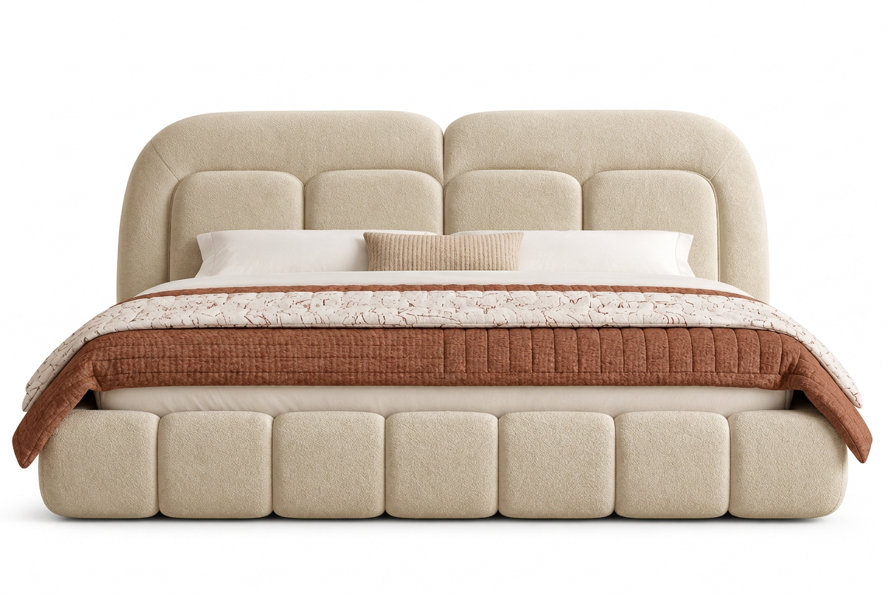 Velaro beige upholstered bed, front view with refined fabric texture
