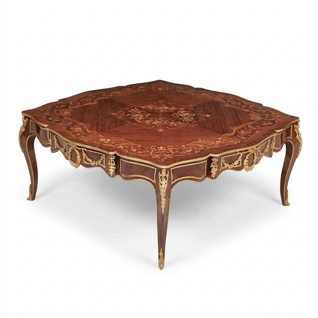 Valloris floral tabletop and curved legs, elevated corner view on white