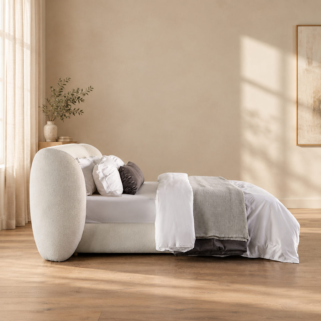 Solene bed in a warm beige and wood interior