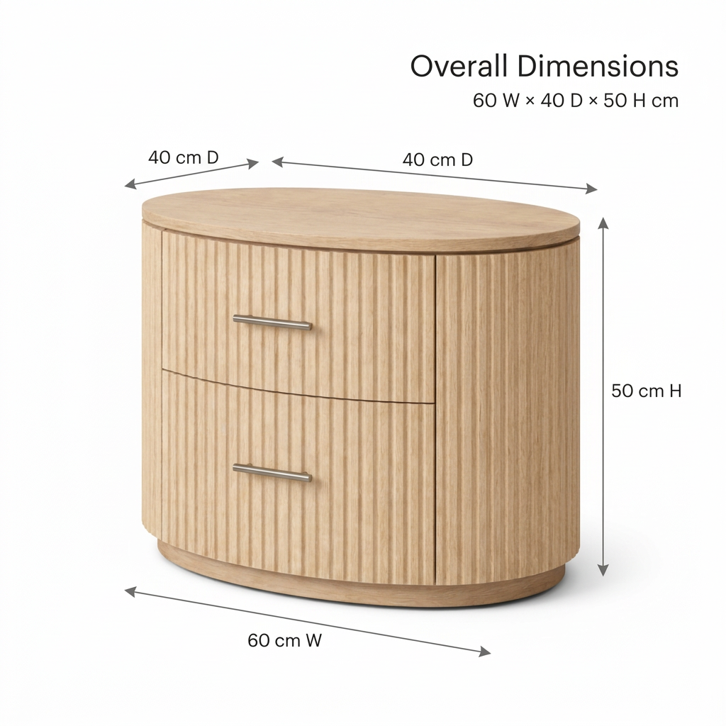 Elara oval fluted bedside table dimensions: 60 cm wide, 40 cm deep and 50 cm high.