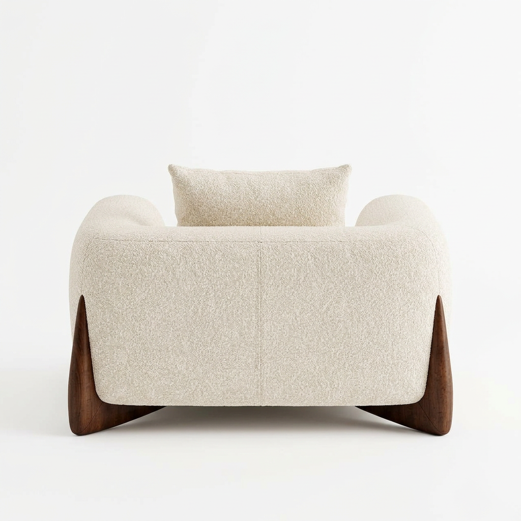 Nerelle beige bouclé armchair, rear view on white