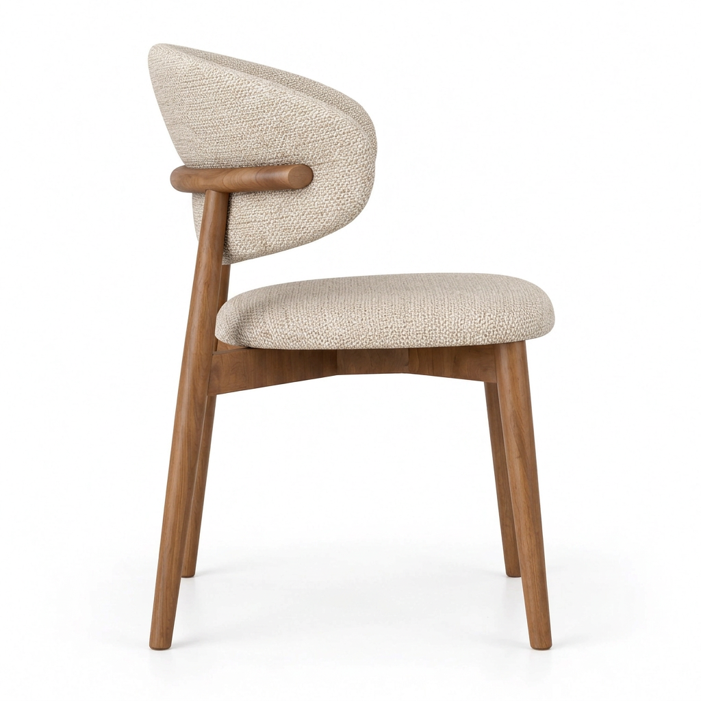 Avielle beige linen and walnut dining chair, right view on white