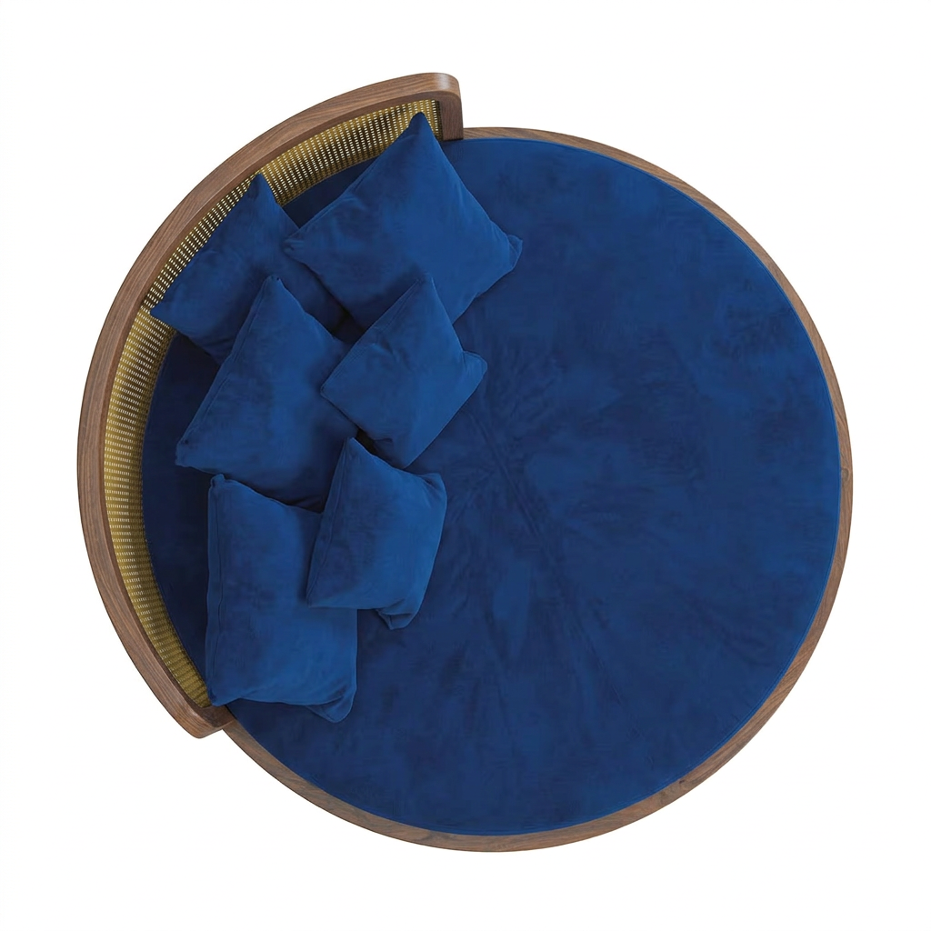 Orvello round wood bed, top view on white