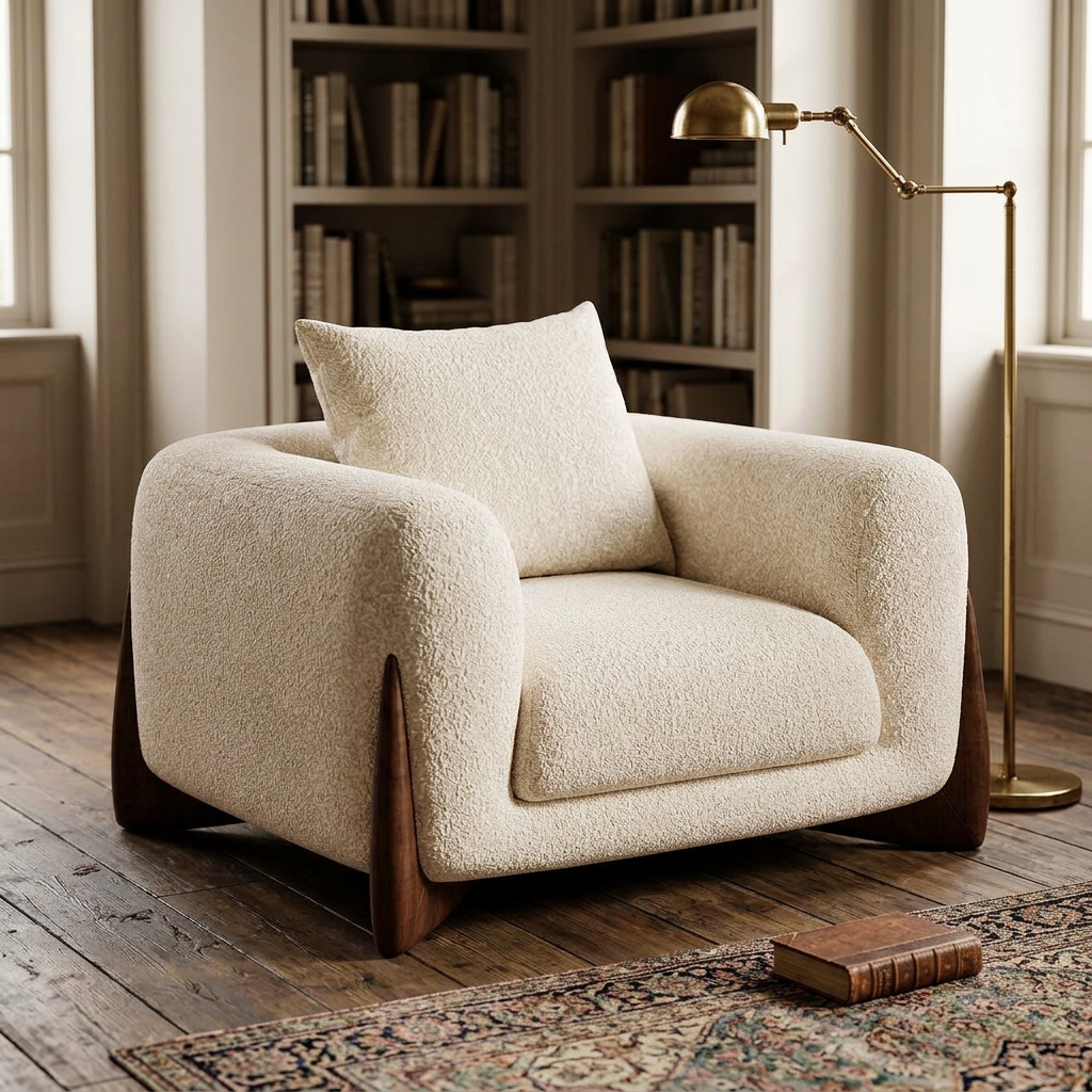 Nerelle beige bouclé armchair styled in a warm reading room