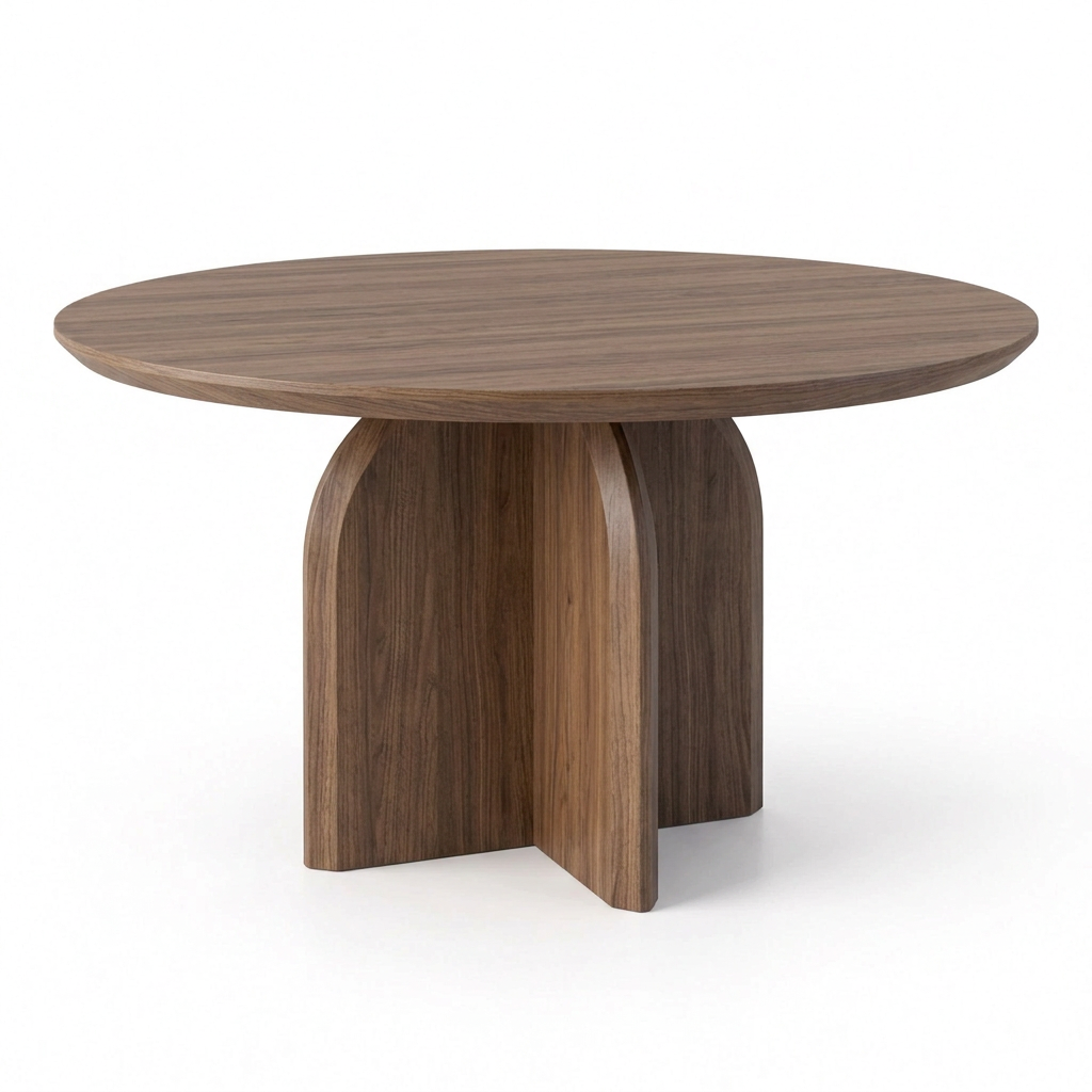 Orvella walnut veneer dining table, right-side view on white background
