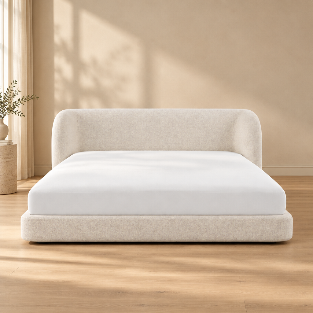 Solene bed in a warm beige and wood interior