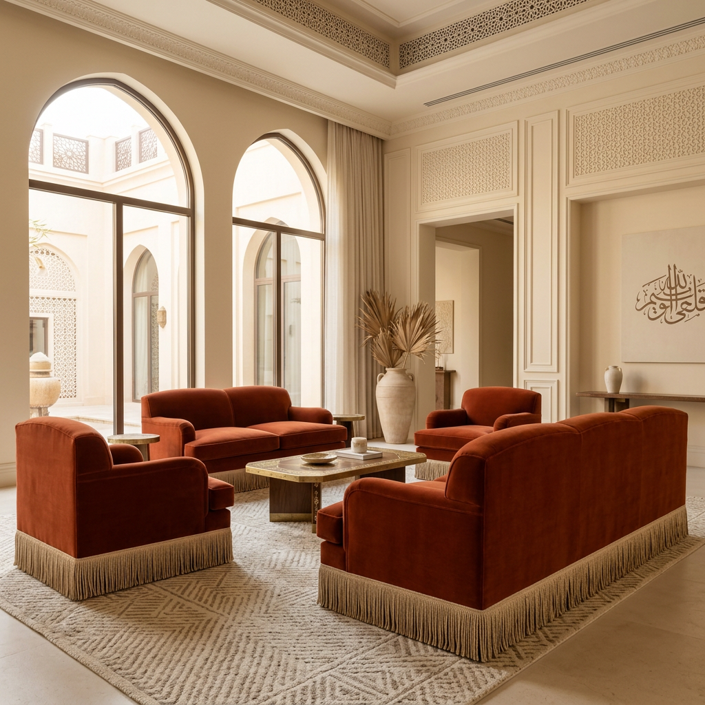AI-generated Aveline rust velvet sofa styled in a villa majlis