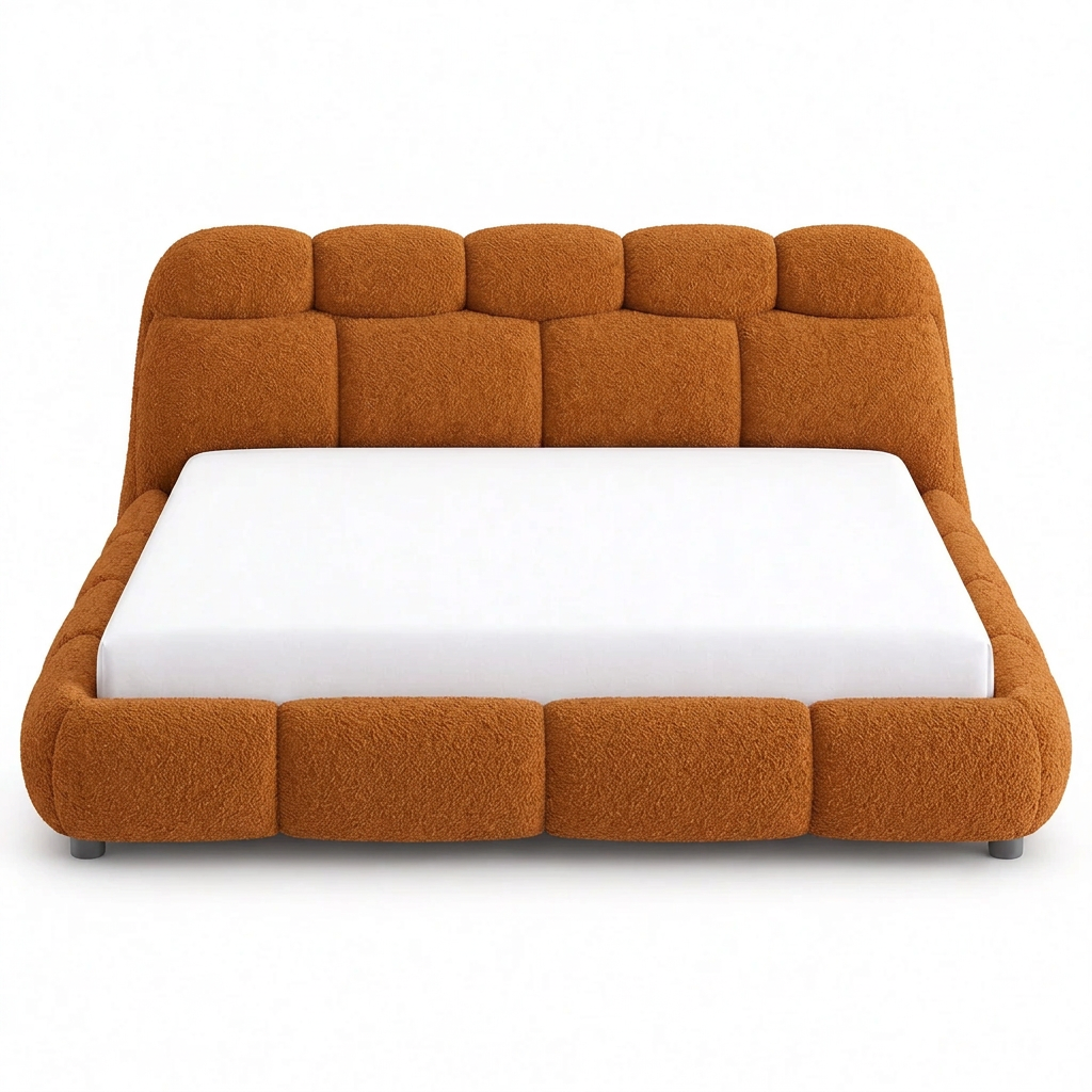 Nimbo cloud upholstered bed shown in orange bouclé fabric
