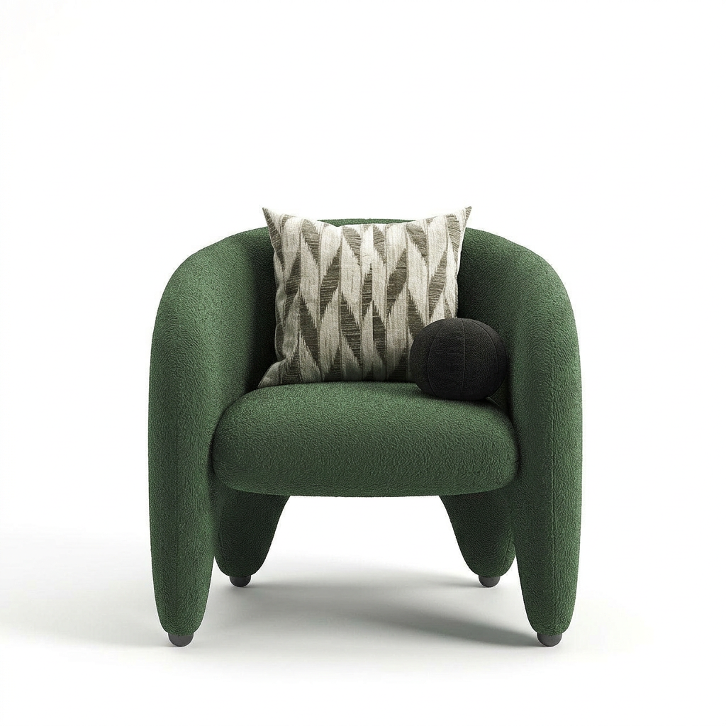 Verdelle dark green bouclé armchair, front view on a white background