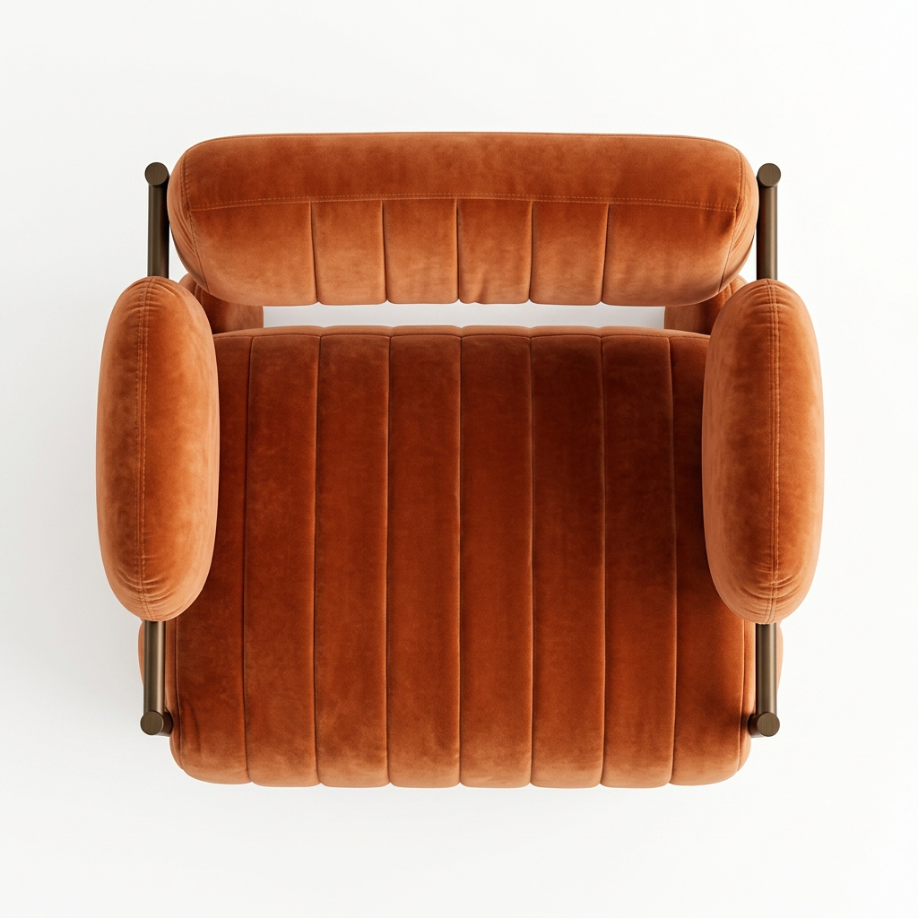AI-reconstructed overhead view of Rovelle orange velvet armchair