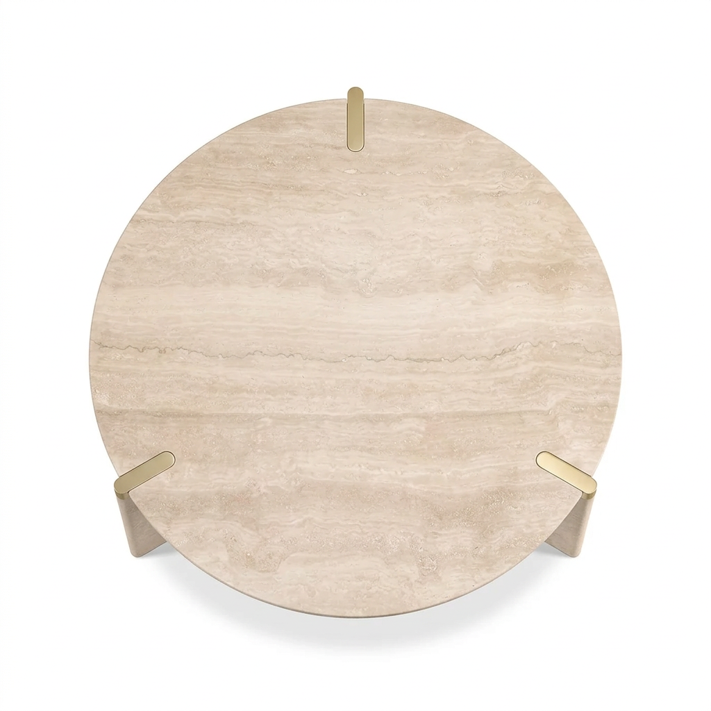 Top view of Elvara beige round dining table with gold-toned accents