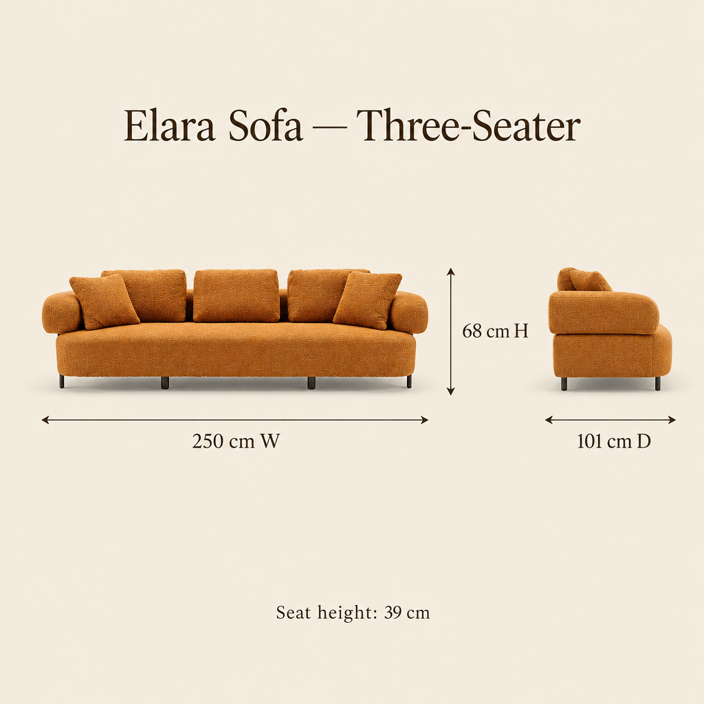 Elara three-seater dimensions 250 by 101 by 68 cm