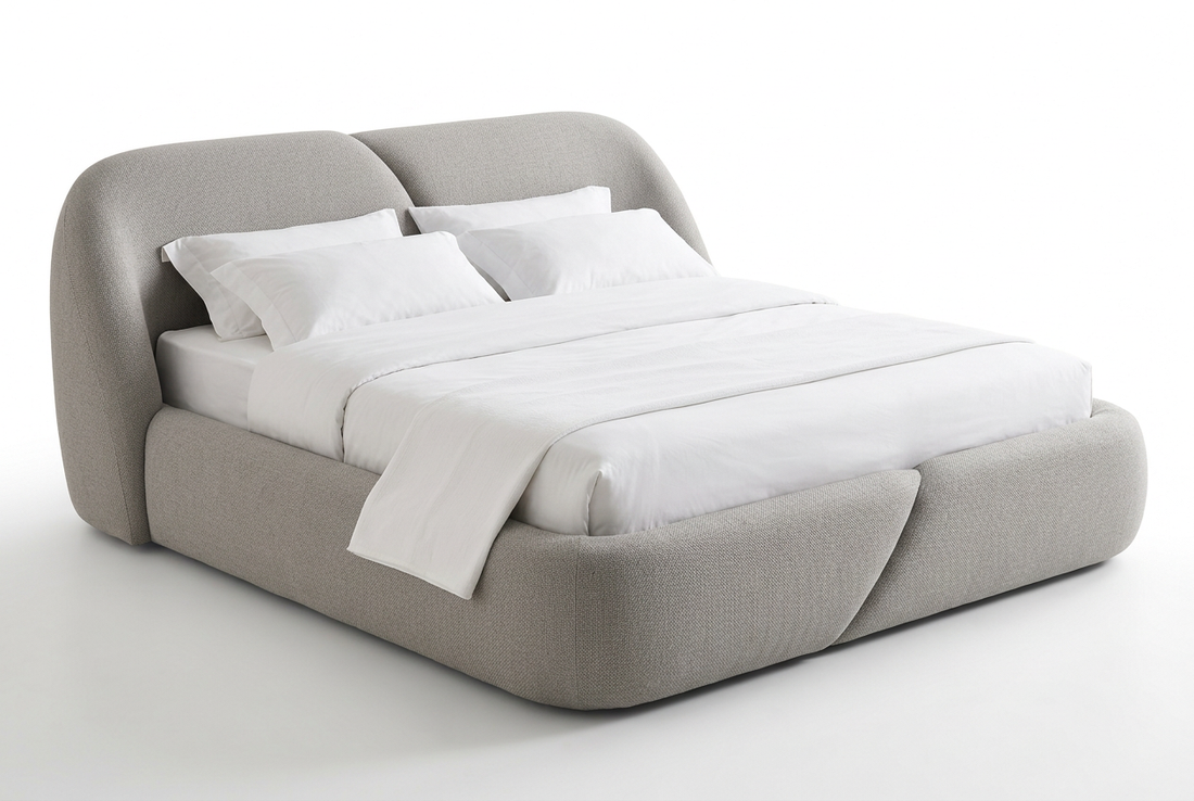 Norelli bed in light grey premium woven textile with fuller padding