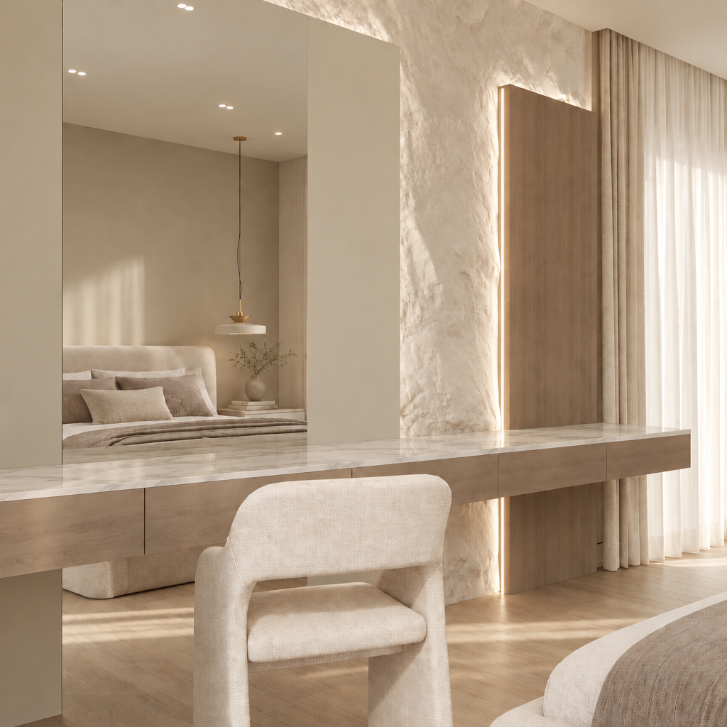 Marbella Vanity Wall with white marble countertop, angled bedroom view