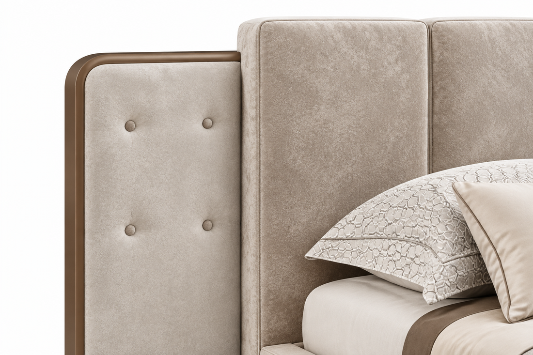 Close-up of the Lola bed’s upholstery and button-tufted detailing