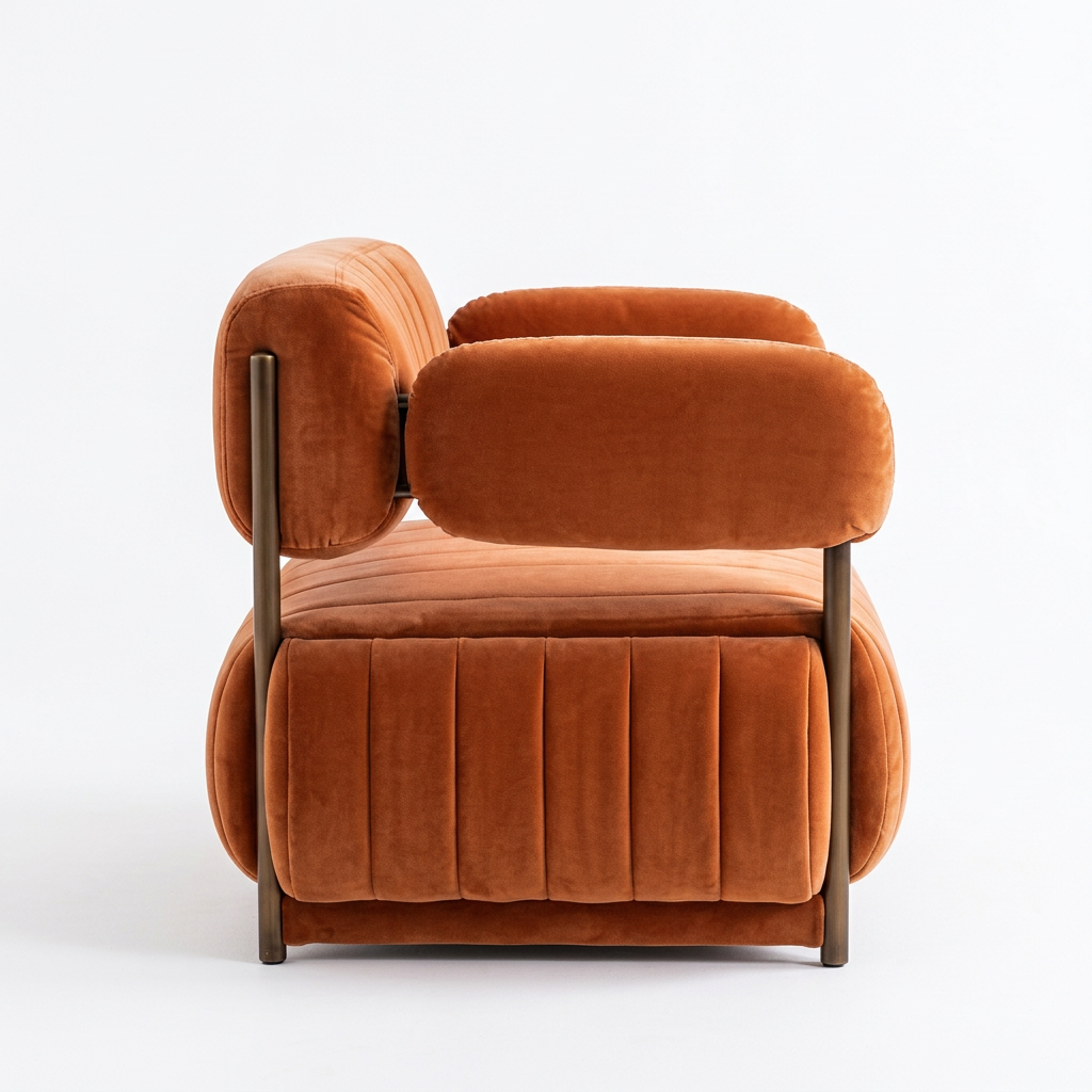 AI-reconstructed left-side view of Rovelle orange velvet armchair