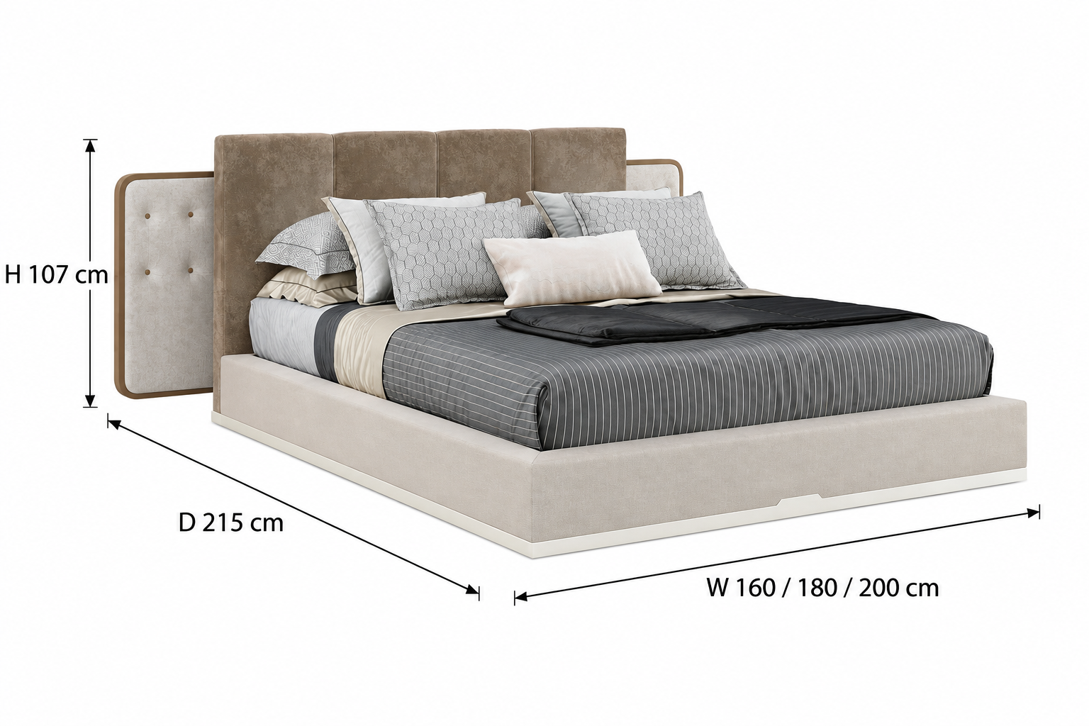 Lola bed dimension guide: 160, 180 or 200 cm width, 215 cm depth and 107 cm height