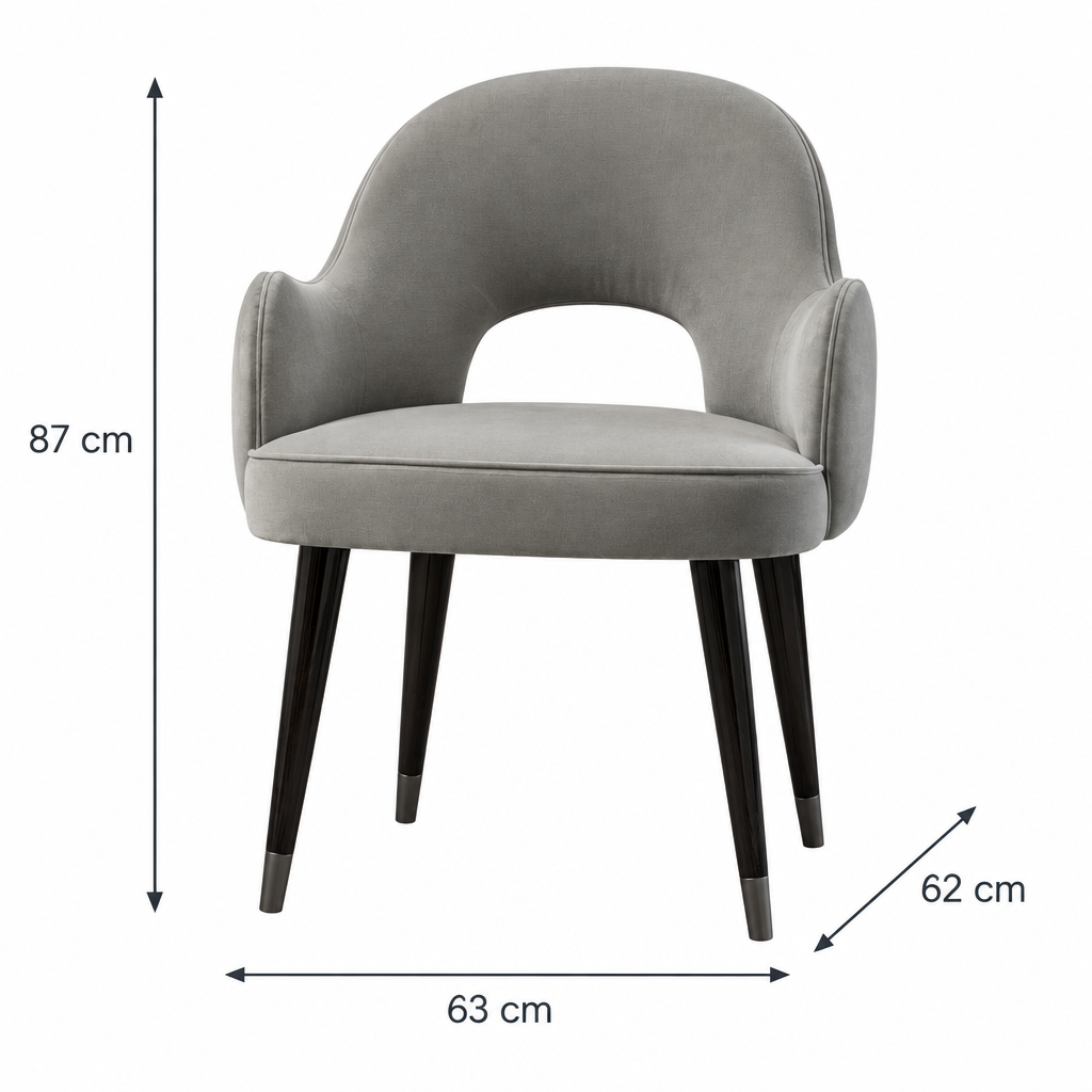 Arlo armchair dimension arrows: width 63 cm, depth 62 cm, height 87 cm