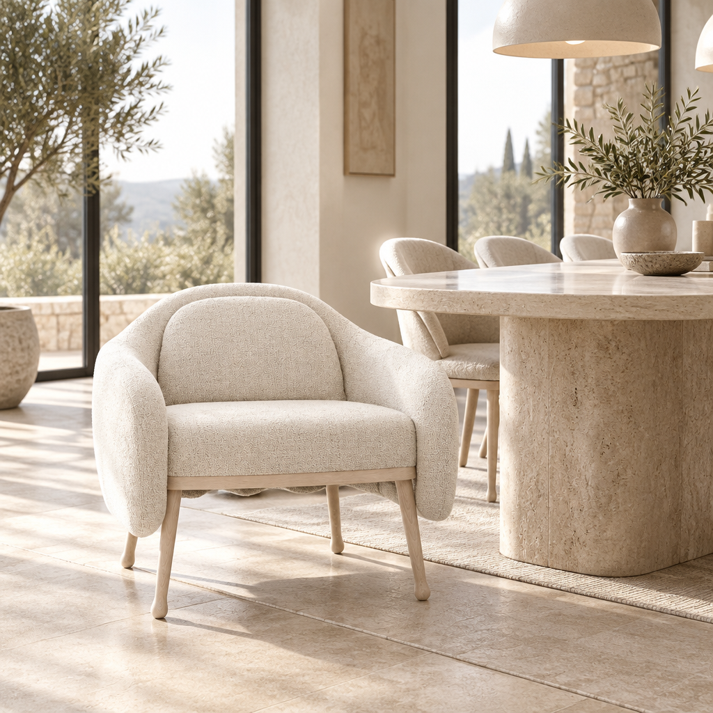 Nola white lounge armchair styled in a luxury modern dining room