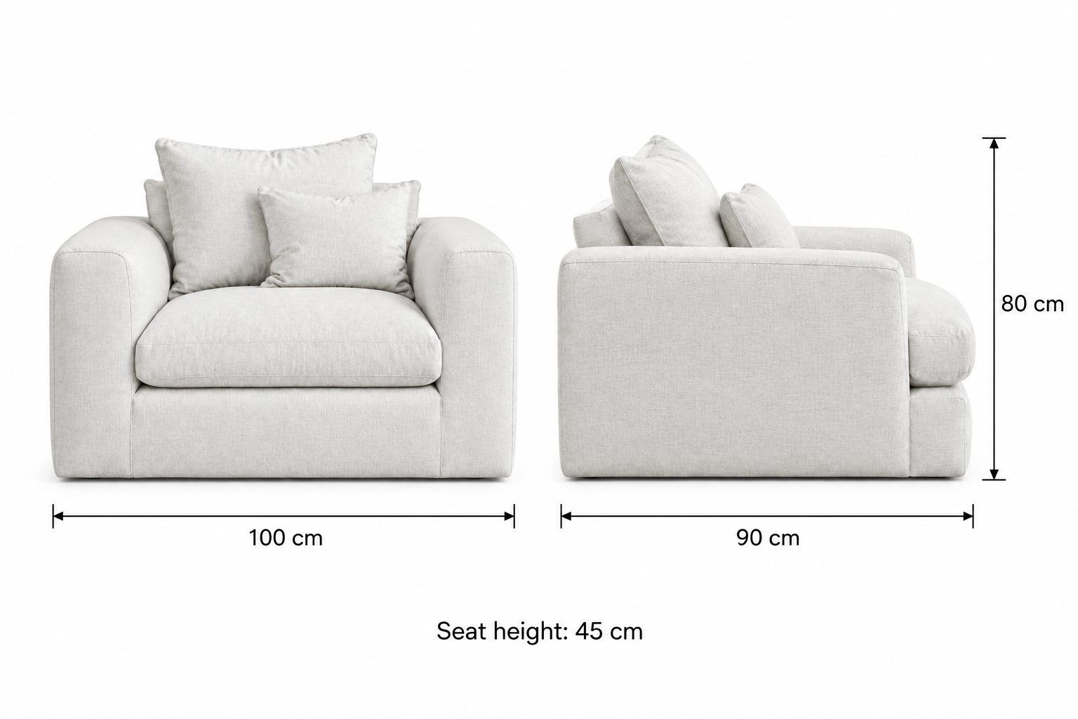 Calma Linen-Look Arm Chair: 100 cm wide, 90 cm deep, 80 cm overall height, 45 cm seat height