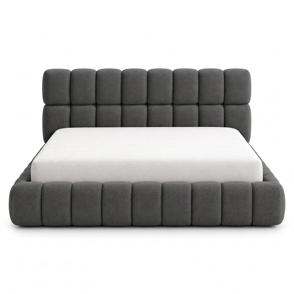 Dorian charcoal bed, front view with fuller padding