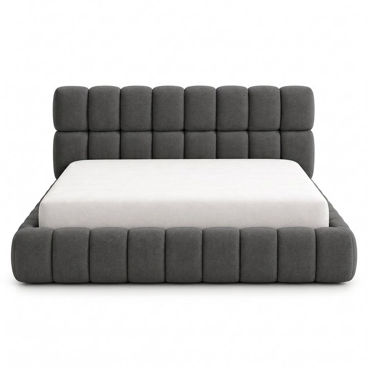 Dorian charcoal bed, front view with fuller padding