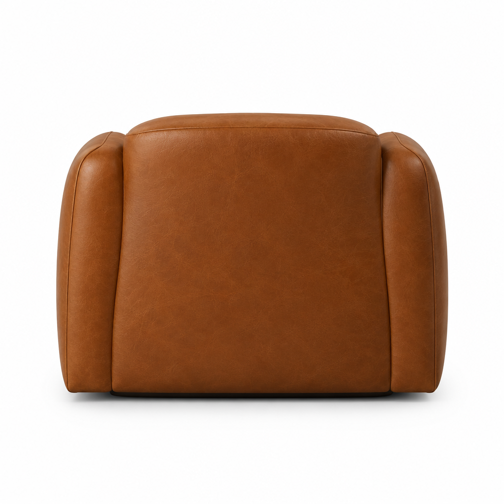 Marin Rounded Leather Arm Chair back view in cognac on white