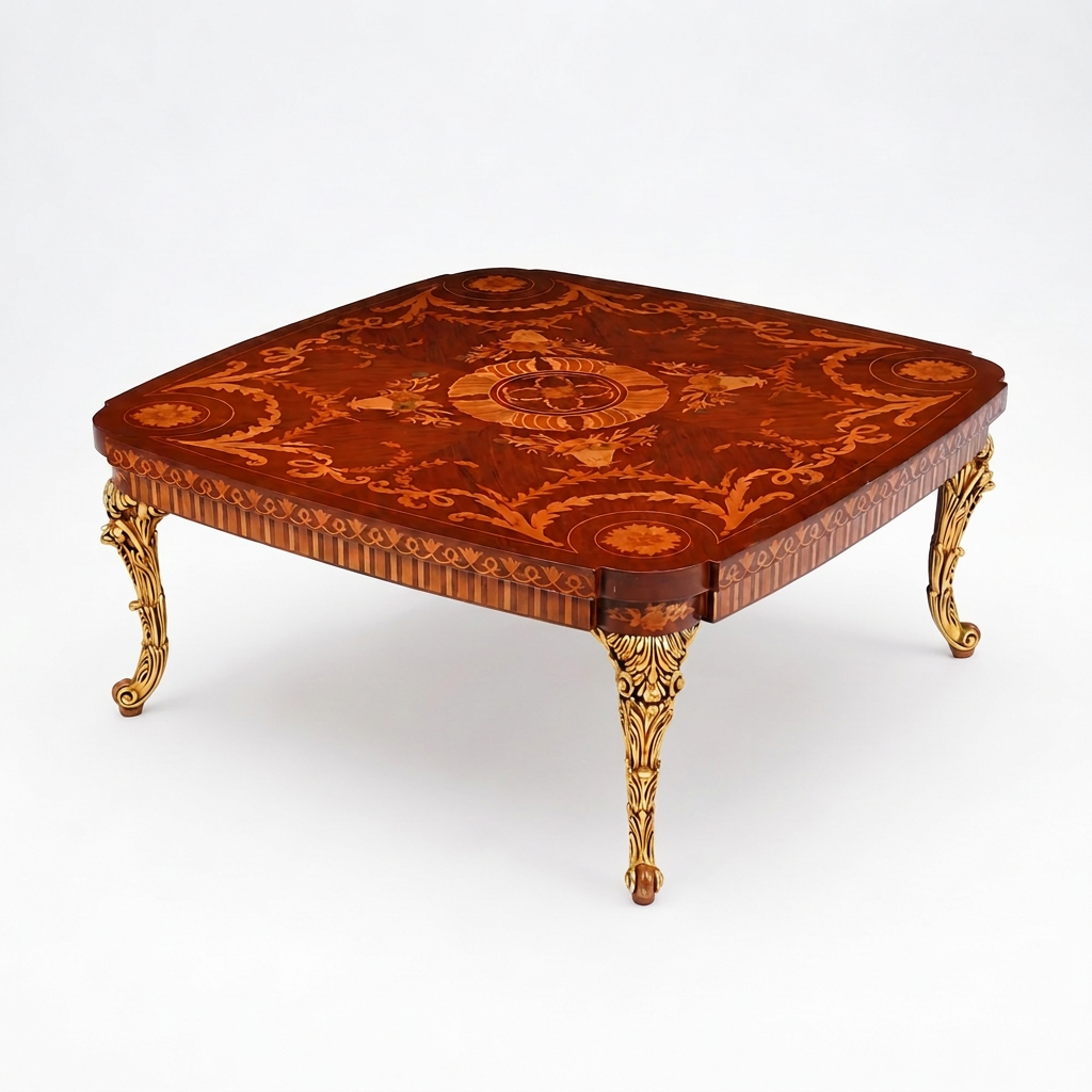 Ravelle square coffee table, elevated corner view showing floral medallion
