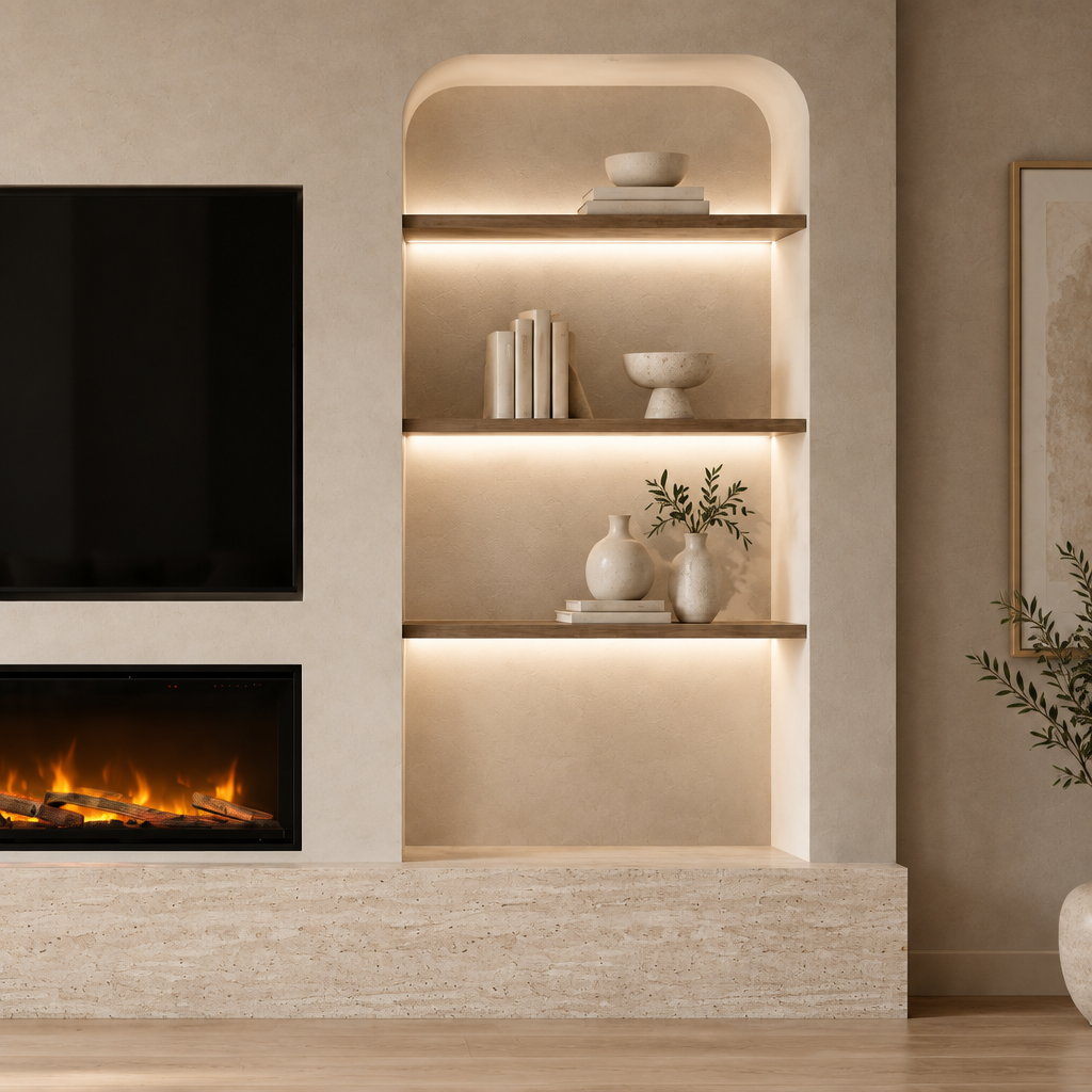 Verona illuminated shelving detail in the matching modern living room