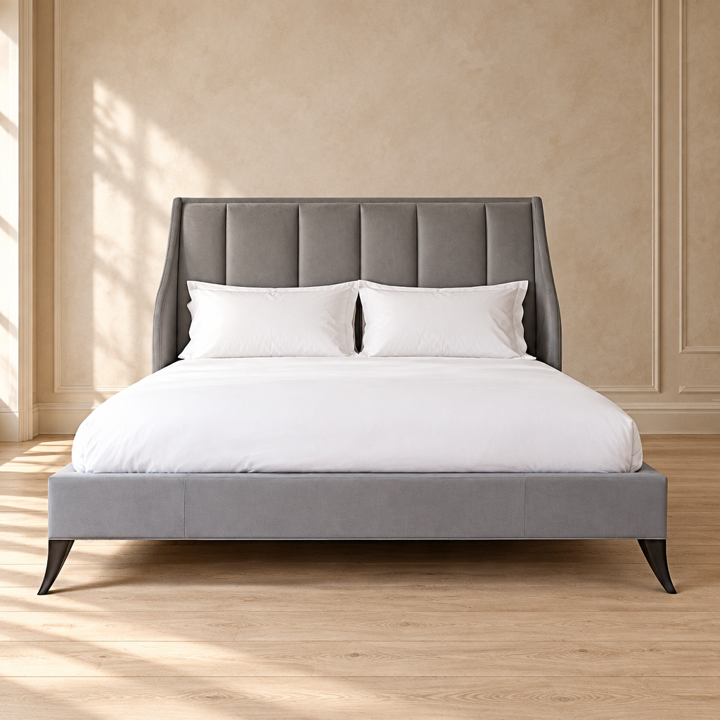 Orin grey panelled wingback bed front view
