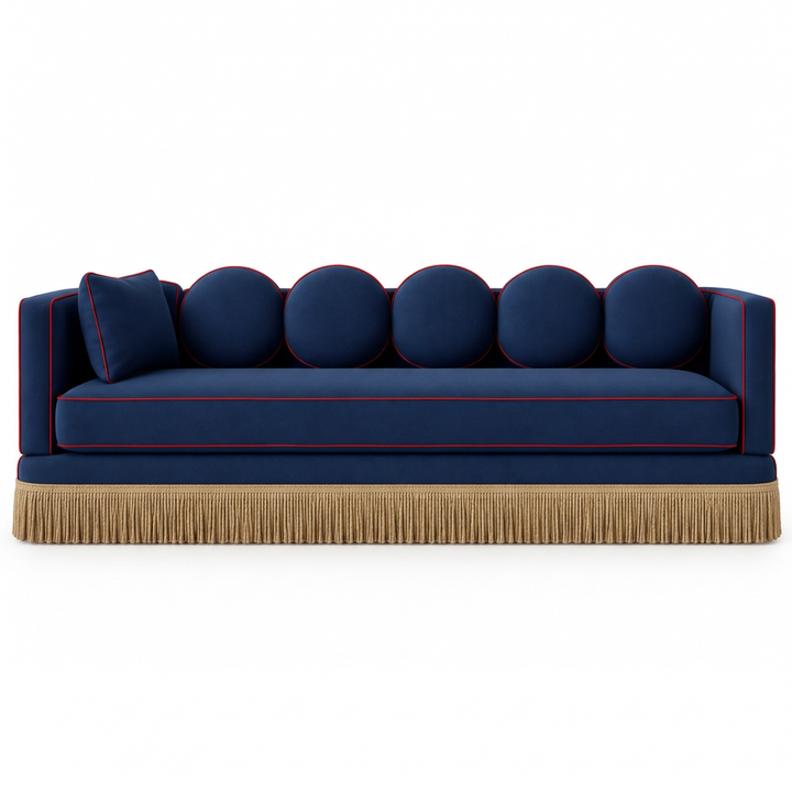 Nerissa navy fringe sofa front view in square format