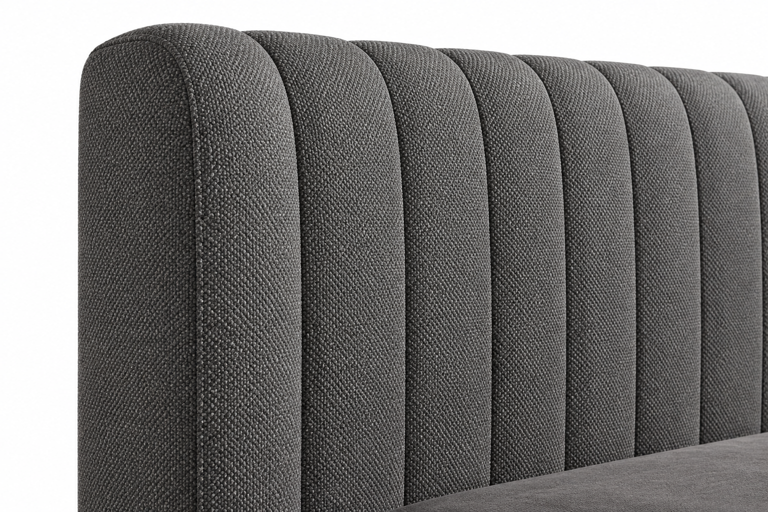 Close-up of gray fabric and channelled upholstery detailing on the Opal bed