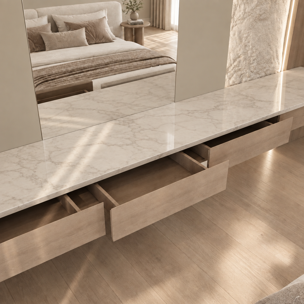 Marbella white marble countertop with open wood drawers, storage detail