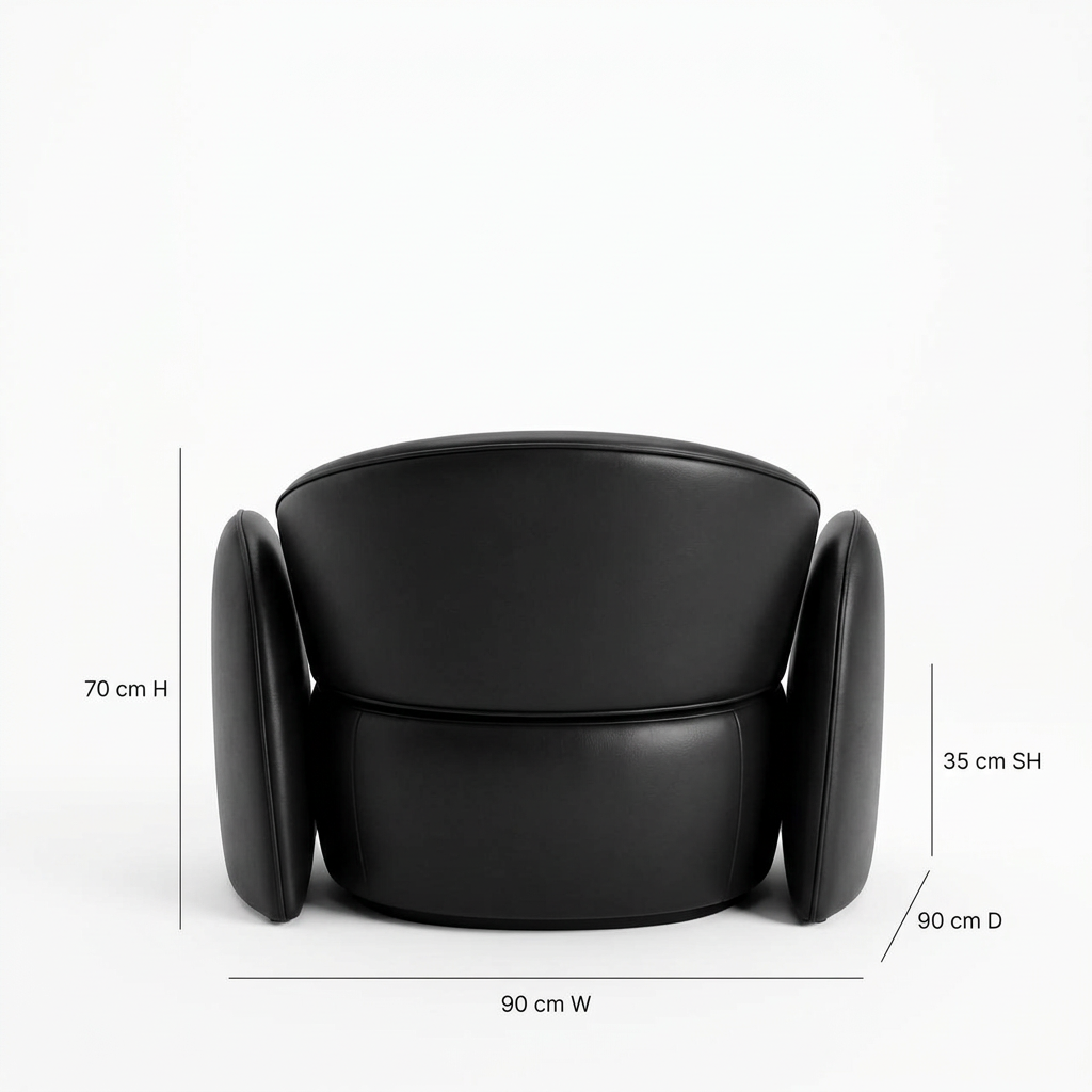 Varenne black faux leather armchair, rear view on white